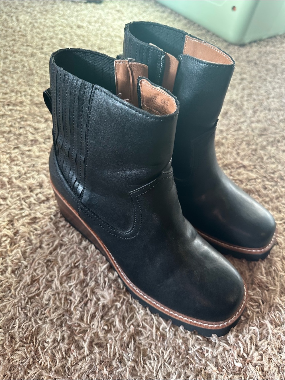 Yellow Box Black Leather Wedge Ankle Boots with Brown Trim